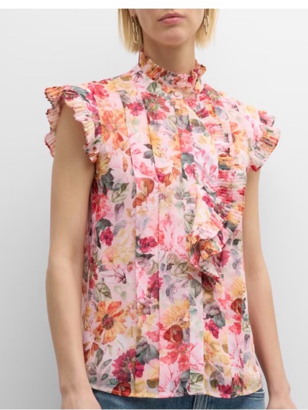 Elie Tahari Chloe Floral Print Ruffle Chiffon Blouse, Large
